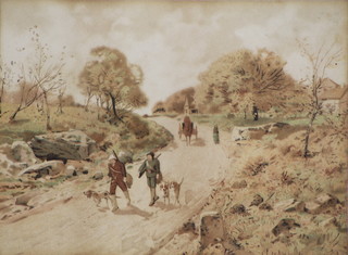 An Edwardian watercolour, a rural view with hunting figures and distant buildings, unsigned 4.5" x 6.5"