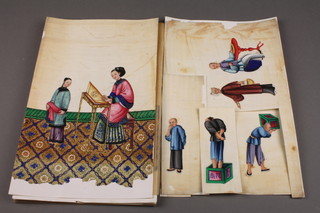 A collection of 19th Century Chinese rice paper paintings of figures in interior scenes, unframed 