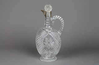 An Edwardian cut glass flattened decanter with silver mounts, London 1905