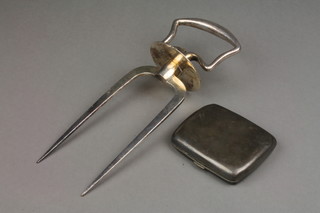 A silver cigarette case, approx. 92 grams, a plated ham fork