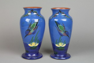 A pair of 1930's Torquay oviform vases decorated with King Fishers amongst flowers 10" 