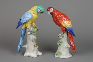 A pair of Continental porcelain parrots on tree stumps 10" 