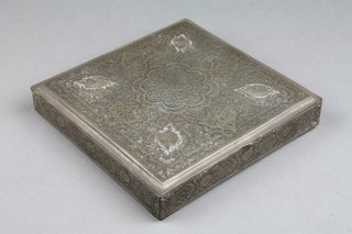 An Arab white metal square cigarette box decorated with floral scrolls and flowers 7" 