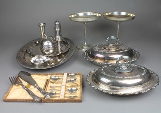 A pair of silver plated entree sets, a pair of ditto tazzas, plated salvers and other minor plated items