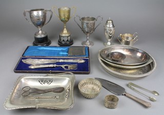 A pair of silver plated cased fish servers, a quantity of ditto trophy cups and minor items 