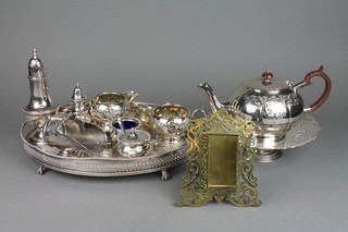 A plated pierced galleried tray, a ditto tazza and minor plated items
