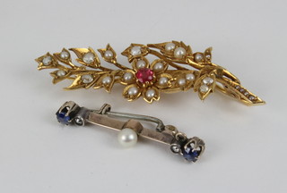An antique 18ct yellow gold gem set floral spray brooch, a diamond sapphire and pearl bar brooch