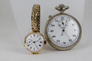 A lady's 18ct gold cased wristwatch with seconds at 9 o'clock and a Military issue silver plated stopwatch