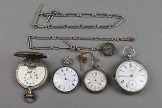 A Continental 800 hunter pocket watch, 3 silver cased fob watches and 2 Alberts, 1 with a Masonic fob