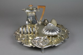A silver plated salver with Chippendale rim, minor plated items