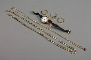 A 9ct gold paste set ring, a pair of ditto earrings, a chain and lady's wristwatch 