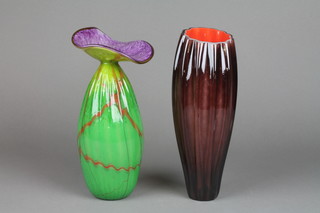 A contemporary 2 colour glass tapered vase 10", a ditto polychrome vase, both signed Roger Tye