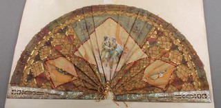 A 19th Century painted fan with pierced mother of pearl mounts, mounted on a board (f)