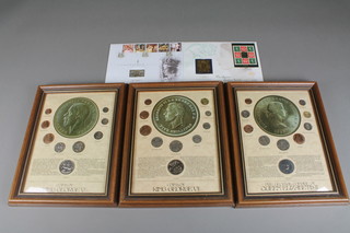 3 framed coin sets - George V, George VI and Queen Elizabeth II, 2 commemorative silver stamps