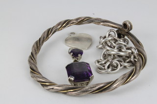 A silver rope twist bangle, a ditto bracelet and 2 pendants