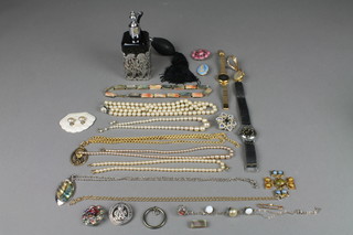 Minor costume jewellery including wristwatches and a Continental scent bottle