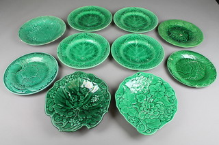 A collection of Victorian green glazed leaf dishes