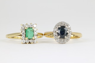 An 18ct gold emerald and diamond cluster ring, a sapphire and diamond ditto