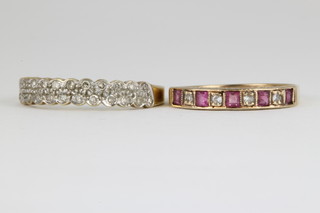 A 9ct yellow gold ruby and diamond half hoop ring, a ditto diamond half hoop ring