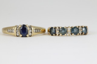A 9ct gold sapphire and diamond ring, the oval sapphire flanked by 6 brilliant cut diamonds, a ditto half hoop ring