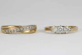A 9ct yellow gold 3 stone diamond ring and a 9ct gold 1/2 hoop ditto 