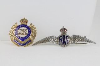 A 9ct gold and enamelled Royal Engineers brooch together with an RAF wings brooch