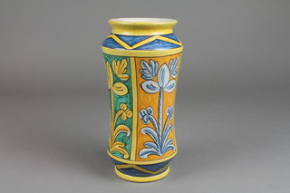 A Continental Majolica waisted vase with panels of stylised flowers 10" 