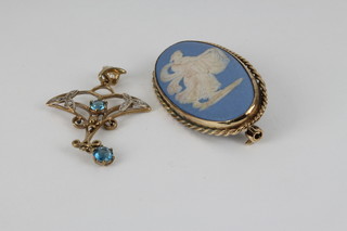 A 9ct gold blue topaz and diamond drop open pendant, a Wedgwood 9ct gold brooch