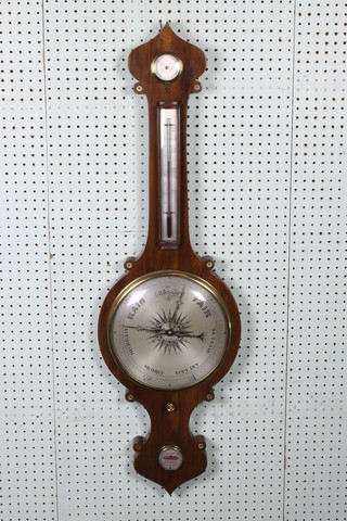 Zambra, a 19th Century mercury wheel barometer and thermometer with damp/dry indicator, thermometer and spirit level, contained in a rosewood wheel case 