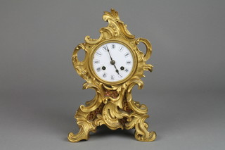 A 19th Century French 8 day striking mantel clock with enamelled dial, contained in a gilt ormolu case, the back plated marked Medaille D'or Pons 1827