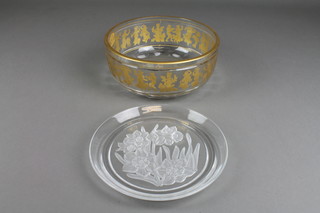 A Val St Lambert bowl decorated with a gilt panel of classical figures 8", a ditto glass dish decorated with daffodils