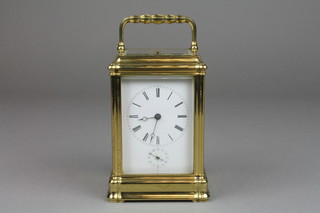 Roblin & Fils Freres Paris.  A good 19th Century petit sonnerie French 8 day quarter repeating carriage alarm clock with enamelled dial, contained in a gorge-cased, crack to dial, 5 1/2"h  