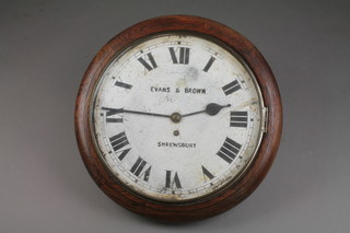 An oak cased wall clock with 7 1/2" painted dial and Roman numerals, marked Evans & Brown of Shrewsbury 