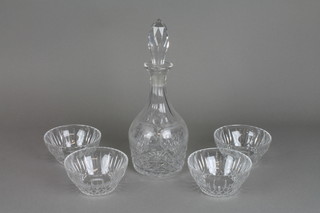 A cut crystal mallet port decanter and stopper 12", 4 cut glass Edinburgh crystal bowls
