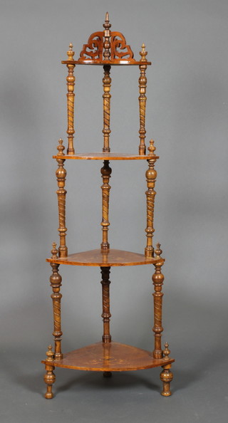 A Victorian inlaid walnut 4 tier what-not, raised on turned supports 57"h, largest shelf 13" x 20", smallest at top 7 1/2"w x 13"d
