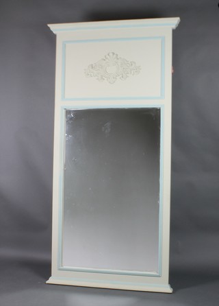 A rectangular plate Pier mirror contained in a turquoise and grey painted frame  79" x 14"