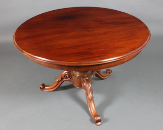 A Victorian circular mahogany breakfast table, raised on a baluster column, scroll feet 26 1/2"h x 43" diam. 