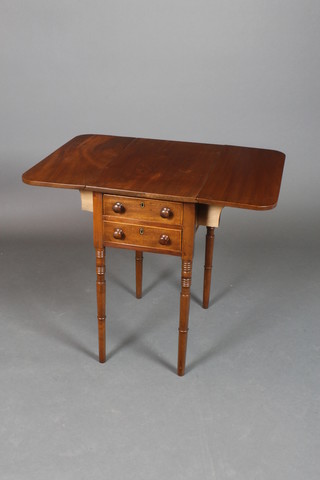 A Victorian mahogany Pembroke work table fitted 2 drawers with tore handles, raised on turned supports 26"h x 20 1/2"w x 12 1/2"d x 30 1/2" when open 