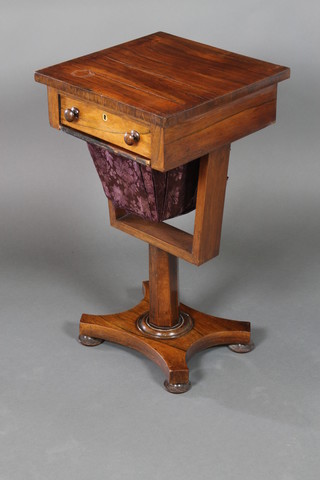 A William IV square rosewood work table fitted a drawer above a deep basket raised on a chamfered column with triform base 29"h x 16"w x 16"d
