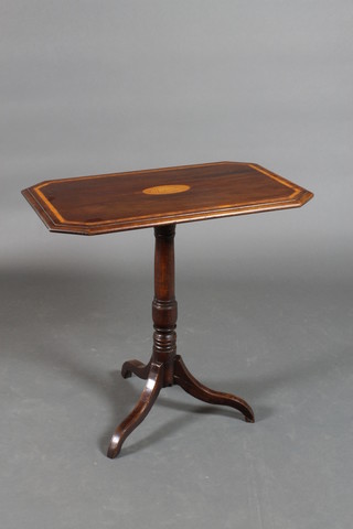 A 19th Century inlaid mahogany lozenge shaped mahogany snap top wine table inlaid a conch shell, raised on a gun barrel column and tripod base 27"h x 27"w x 17"d 