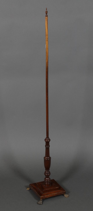 A Victorian mahogany pole screen pole, with turned wood column and square base, paw feet (no banner) 48"h 