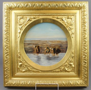 A 19th Century Continental dish painted with fisher woman mounted in a fancy gilt frame 22" 