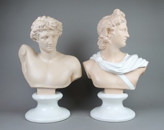 A pair of 20th Century Italian busts of classical figures on raised circular plinths 18" 
