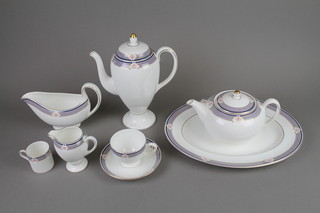 A Wedgwood Waverley design, coffee, tea and dinner service comprising teapot, 8 tea cups, 8 saucers, coffee pot, 7 coffee cups, 7 saucers, a cream jug, sugar bowl, five 2 handled bowls and 6 saucers, 8 dinner plates, 8 side plates, 8 sandwich plates, an oval meat plate, 2 oval dishes, 8 soup bowls, a sauce boat and stand