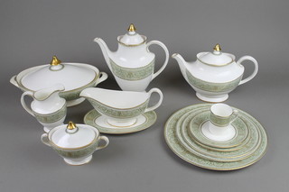 A Royal Doulton English Renaissance, tea, coffee and dinner service comprising teapot, coffee pot, jug, sugar bowl and cover, slop bowl, 8 tea cups, 8 saucers, 8 coffee cups, 8 saucers, 8 2 handled cups, 8 saucers, 8 dinner plates, 8 side plates, 8 small plates, 8 bowls, 2 tureens and covers, 1 meat plate, 2 serving plates, 2 bowls, 2 sauce boats and stands 