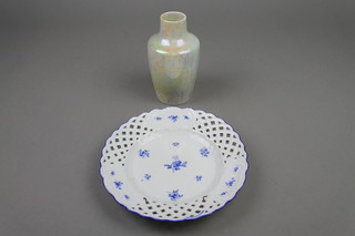 A 19th Century Meissen blue and white plate with pierced border decorated with flowers 8", a tapered Ruskin vase 1926, 6"