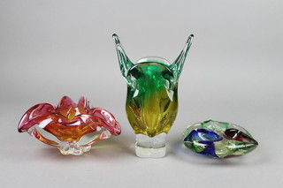 A green and yellow Art Glass vase 9" and 2 ditto bowls 