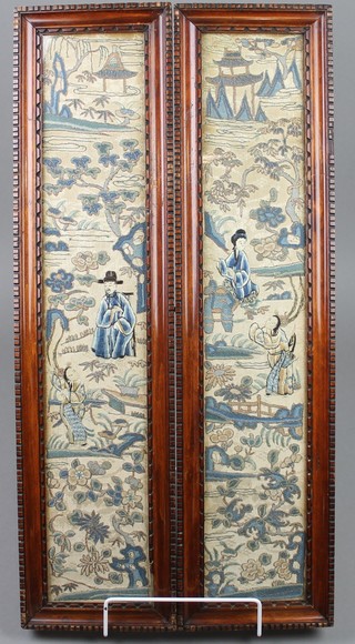 A pair of Chinese silk embroidered sleeves with extensive garden landscapes with figures, framed 22" x 5 1/2" 