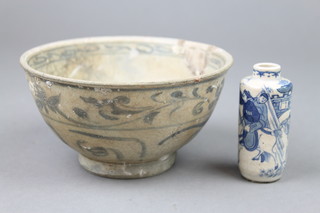 A Chinese Provincial deep bowl with floral decoration 5", a ditto blue and white porcelain scent bottle with a band of figures 3" 