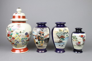 A pair of mid 20th Century blue ground Satsuma oviform vases 8", a small ditto and a modern Japanese vase